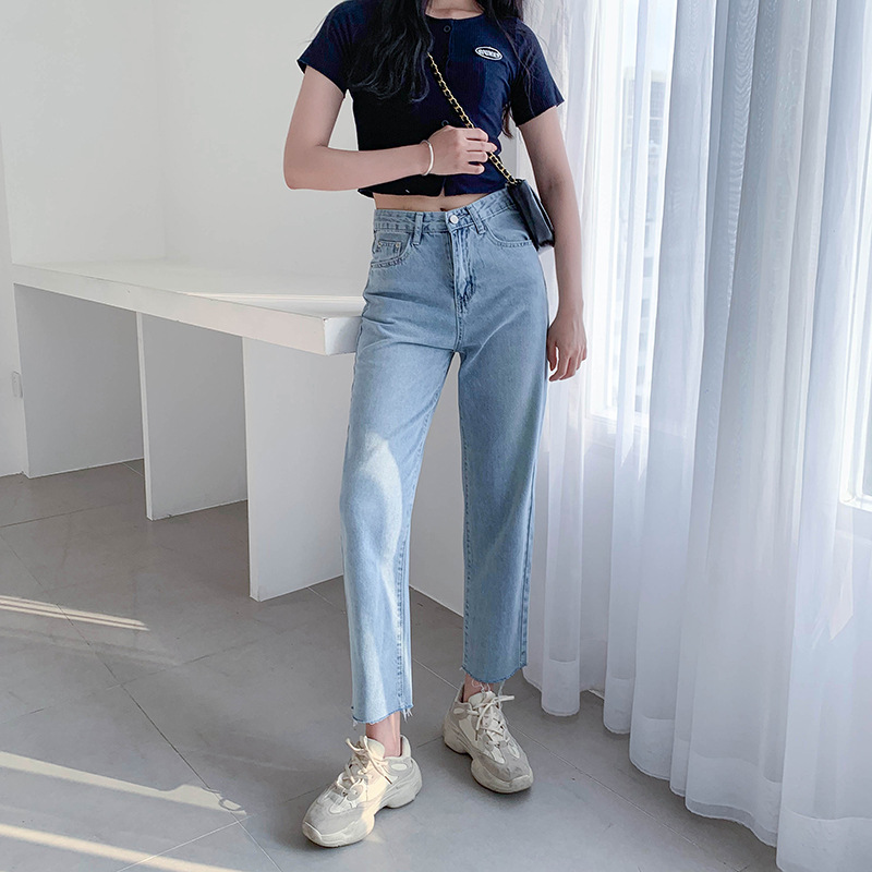 

2020 Women Jeans Casual Straight High Waist Cropped Pants Women Simple Bottoms streetwear, Beige