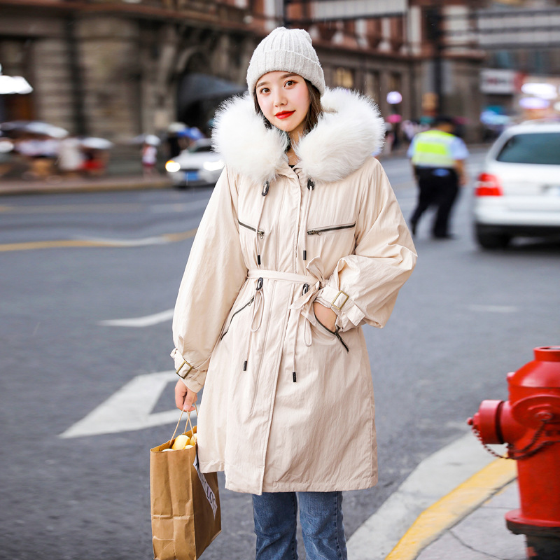 

Adjustable Waist Women Winter Jacket Cotton Padded Warm Thicken Fur Collar Ladies Long Coats Parka Womens Jackets, Beige