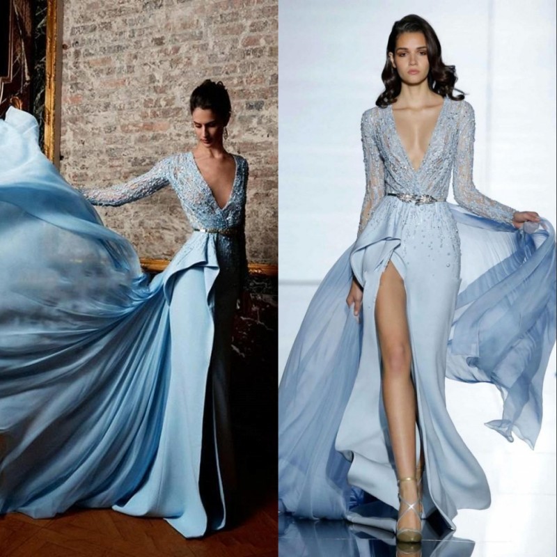 

Split Evening Dresses Long Sleeve Plunging Neckline Beaded Sequins Mermaid Formal Evening Gowns Detachable Train Crystal Prom Dress, Color 2