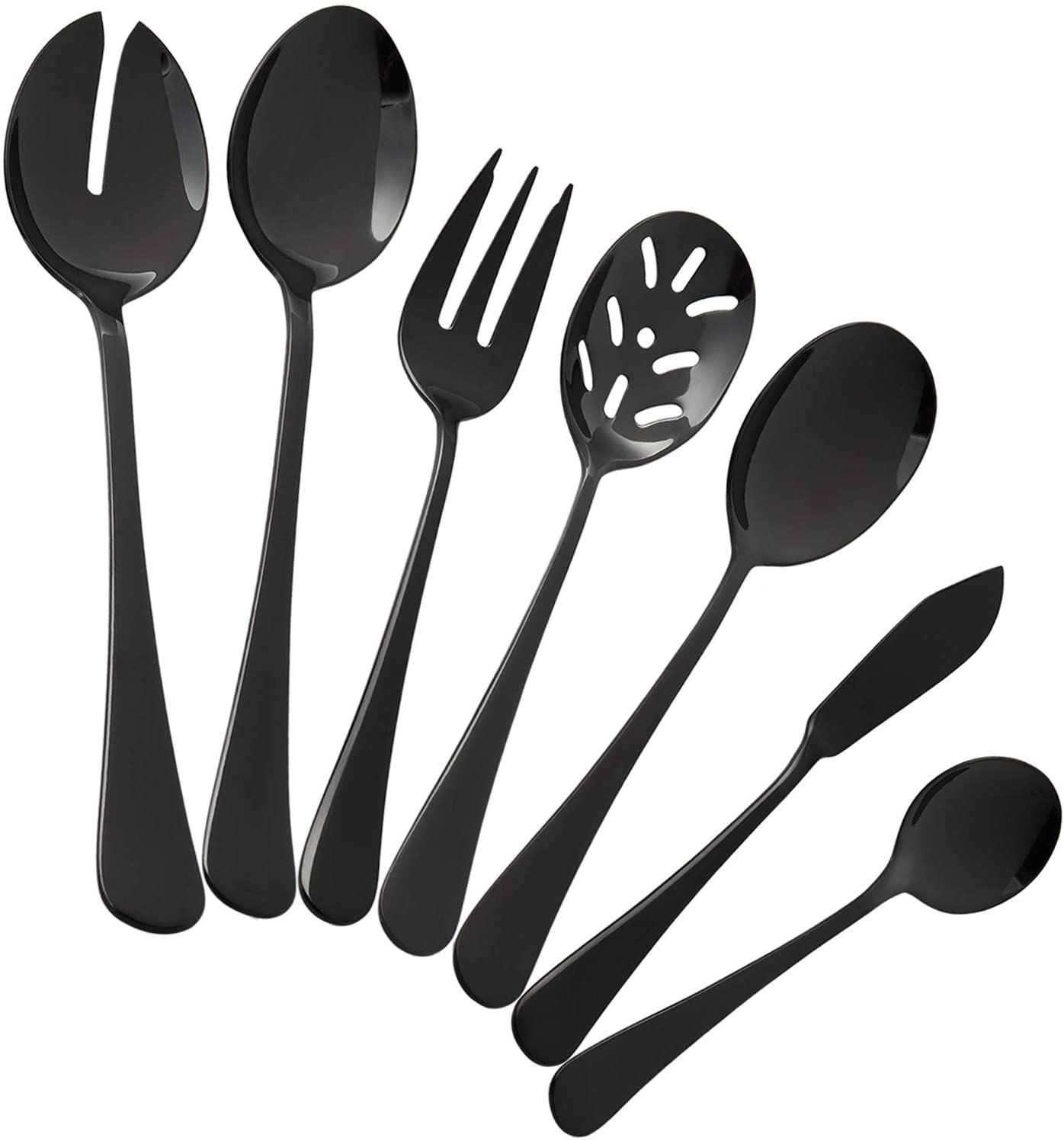 

Black Serving utensils set Stainless Steel Hostess Flatware Sets 7 Piece Salad Serving Spoons Forks Slotted Spoons sugar spoons,butter knife