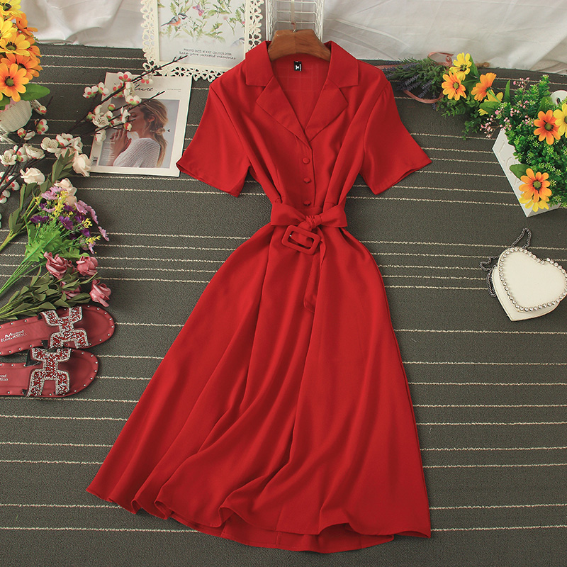 

2020 New Summer Vintage Slim Dress Solid Women Party A Line Notched Short High Waist Women Party Mid-calf Dress, Black