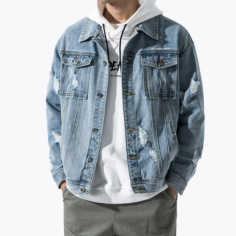 

Hole denim jacket male 2019 new spring and autumn trend coat, Black