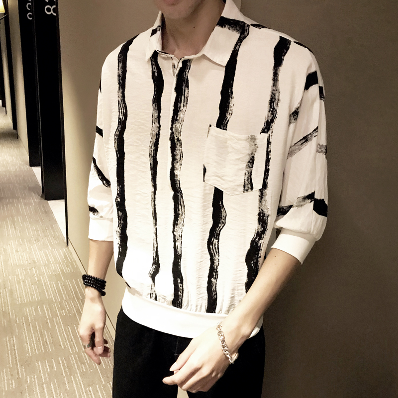 

YASUGUOJI Dark Zebra Print Street Fashion Shirt Men Turn-down Collar Vintage Men's Shirts Half Sleeve Black Stripe Shirts, White