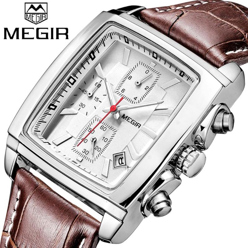 

MEGIR Original Watch for Men with GIFT BOX Rectangle Quartz Watches Waterproof Luminous Leather Wristwatch Male Clock, White with box