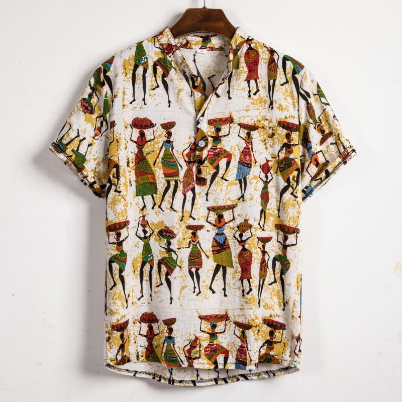 

Men's Summer Stand Collar Short Sleeve Shirts Mens Cotton Beach Hawaiian Shirts Casual Printed Shirt Top Clothes Male FM036, Fm036-10