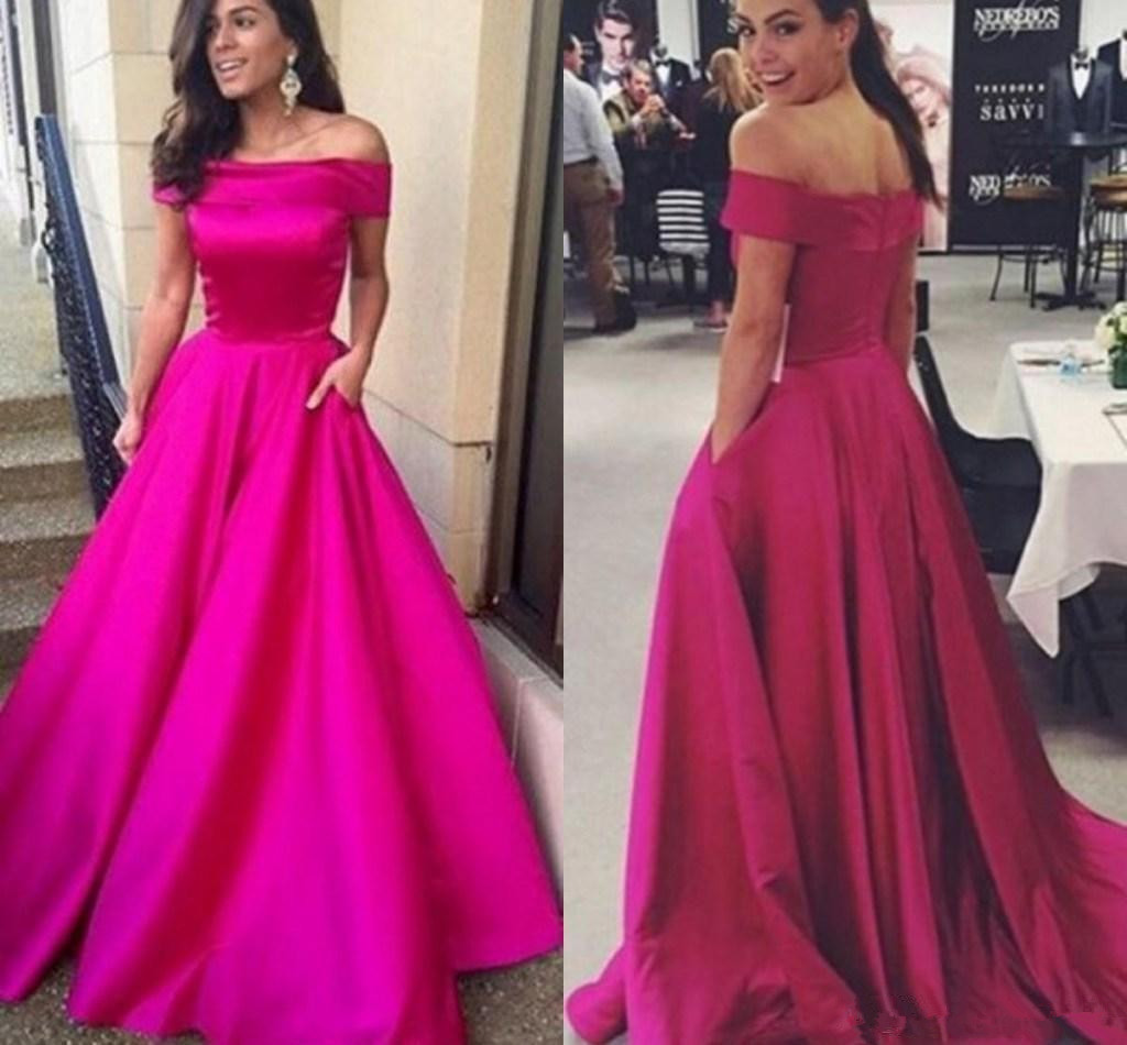 

Fuchsia Off the Shoulder Evening Dresses with Pocket Taffeta Elegant Prom Dress Long Sweep Train Zipper Back Formal Cocktail Dresses, Ivory