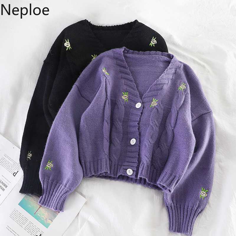 

Neploe Korean V Neck Lantern Long Sleeve Knitted Cardigans Female Embroidery Solid Single Breast Short Sweater Coat Autumn New, Purple