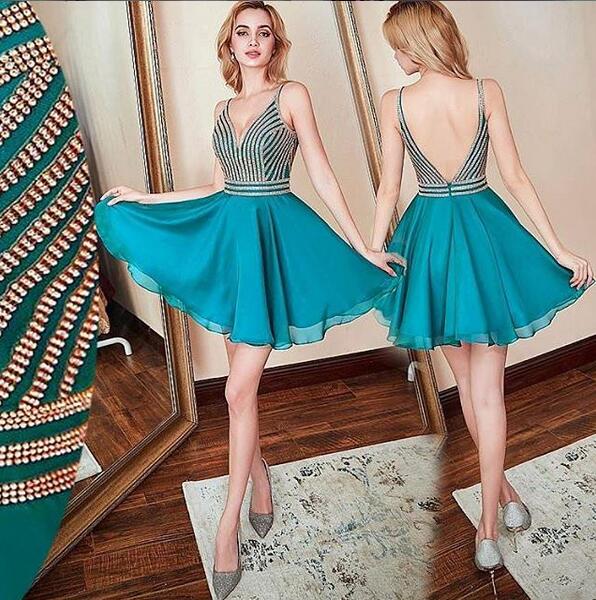 

2019 Rachel Allan Chiffon Luxury Beaded Crystal Homecoming Evening Gowns sexy v Neck Backless Short Prom Formal Dresses Cheap custom made, Green