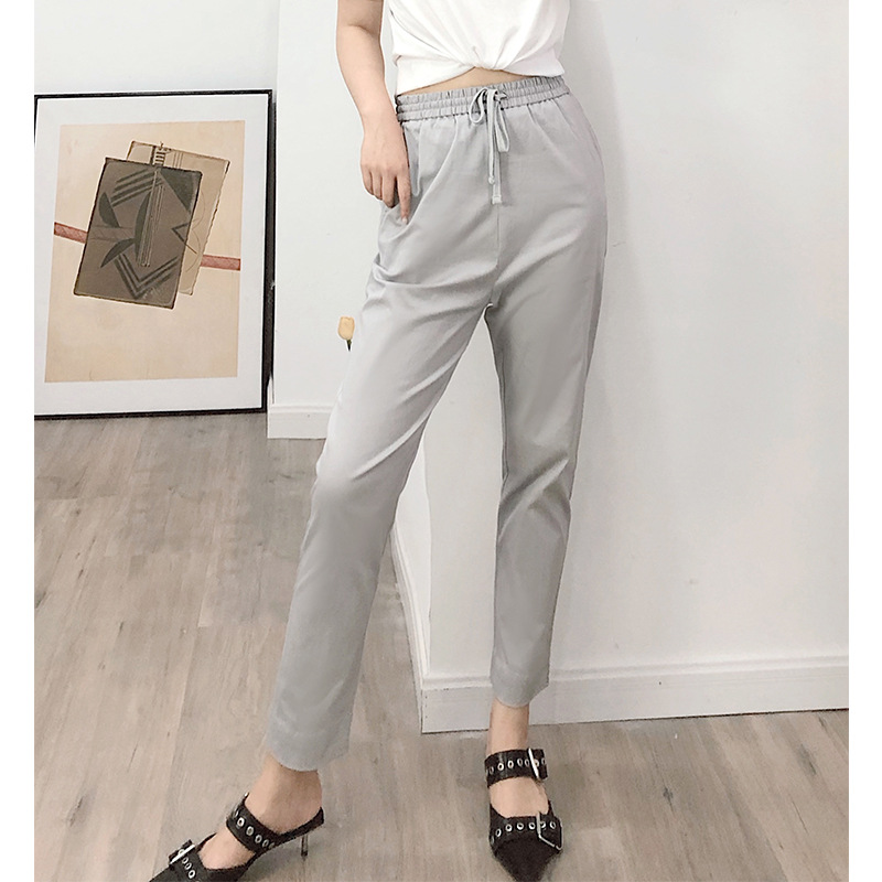 

2020 Summer Women casual pants New Elastic Lace-up Waist female tapered ankle-length trousers wild stylish, B gray