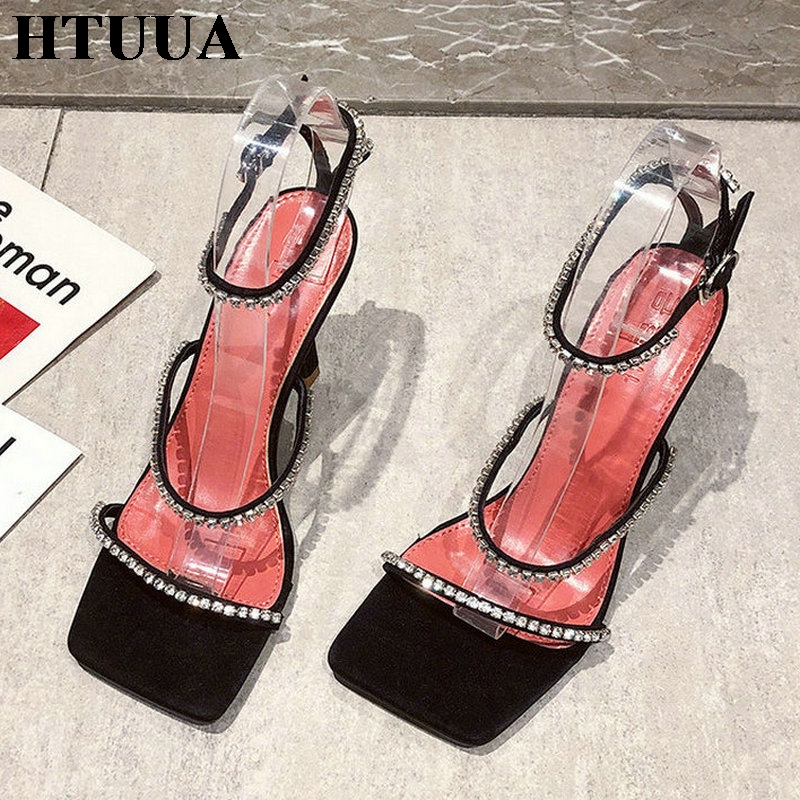 

HTUUA Design Bling Crystal Thin High Heel Sandals Women 2020 Summer Sexy Ankle Strap Gladiator Sandal Ladies Shoes SX4124, Black