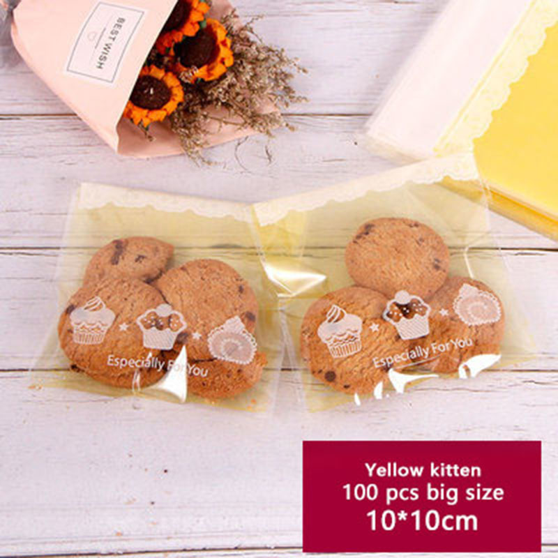 

100pcs Self Adhesive Packaging Bag Yellow Frosted Background Transparent Cute Cake Soap Biscuits Birthday Party Gift Bag