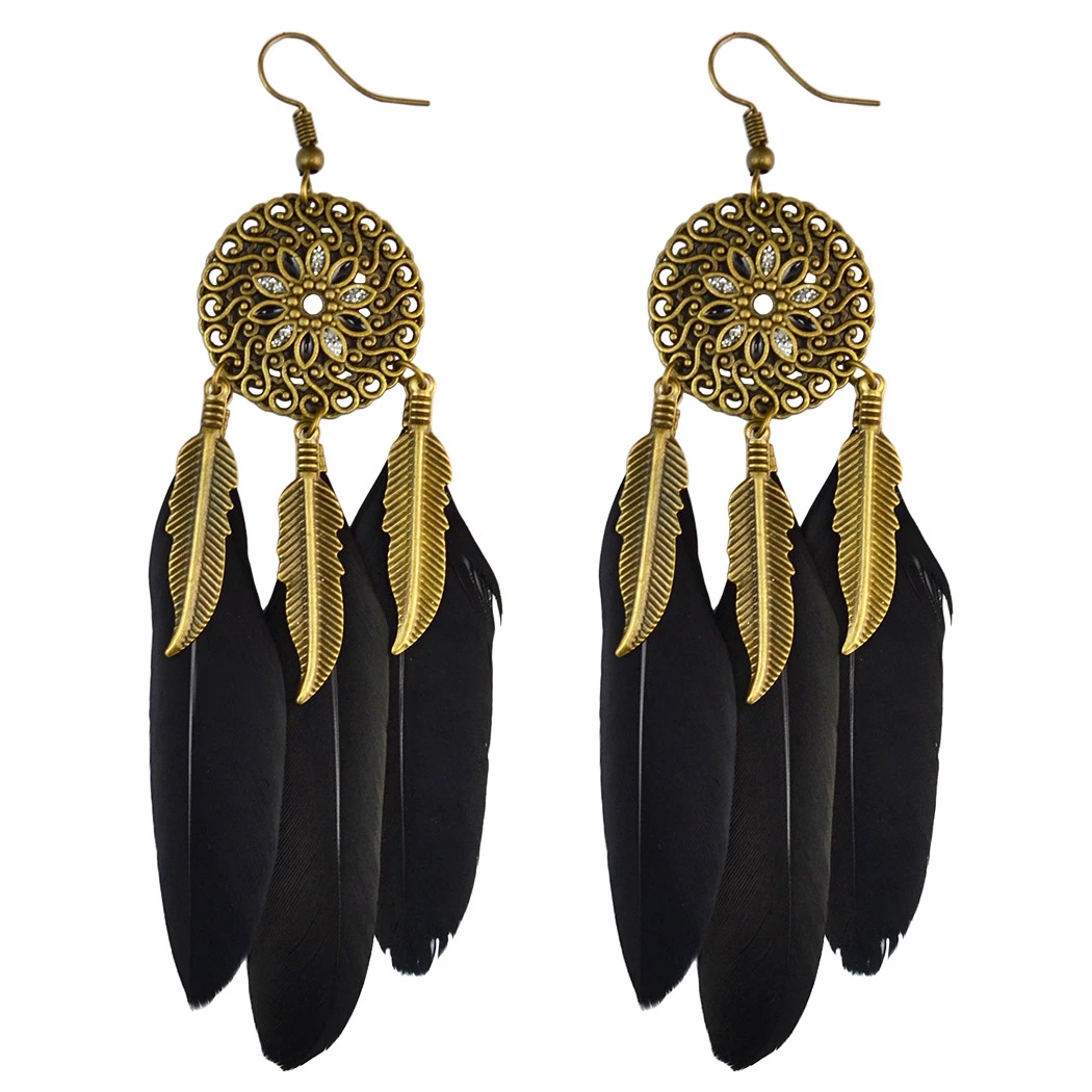

5 colors Bohemian Vintage Bronze Long Feather Drop Hook Flower Dangle Earrings
