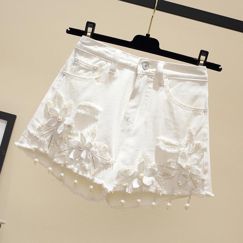 

2020 New Summer Women Personality Embroidery Flares Denim Shorts Office Lady A-Line Plus Size 100kg Wear Loose Jeans Shorts T95, Black