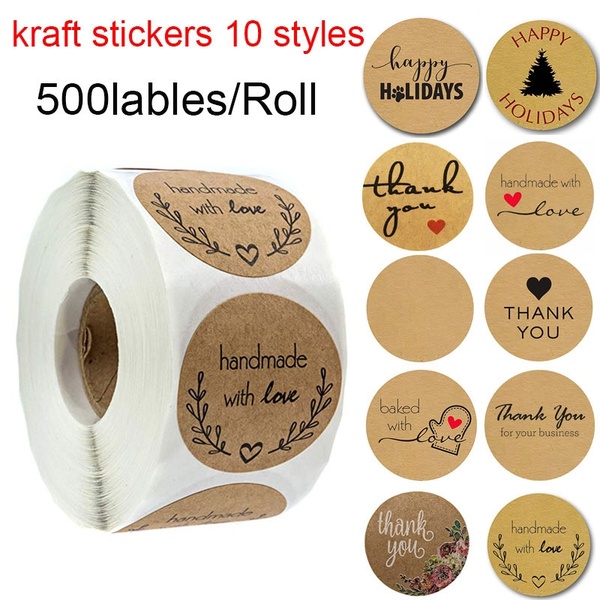 500pcs Rollo De Papel Kraft Pegatinas Redondas Kraft Natural Hecho A Mano Con Etiqueta De Amor para hornear Bolsas De Regalo Decoraci/ón De La Boda