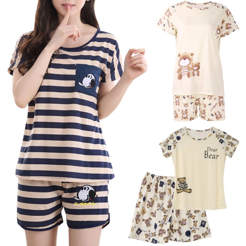 

Women Cartoon Pajamas Short Sleeve Cotton Pyjamas Set Home Nightwear Sleepsuit, Black
