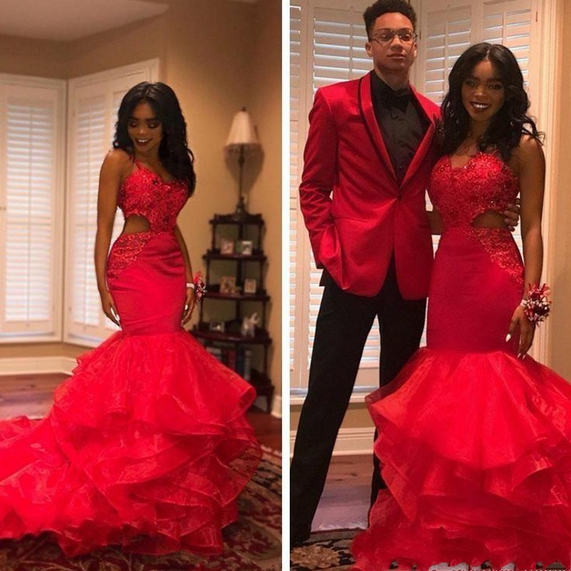 

2019 Hot Red African Black Girls Tiered Prom Dresses Organza Cutaway Lace Appliques Beads Tiered Mermaid Evening Gowns Party Vestidos, Orange