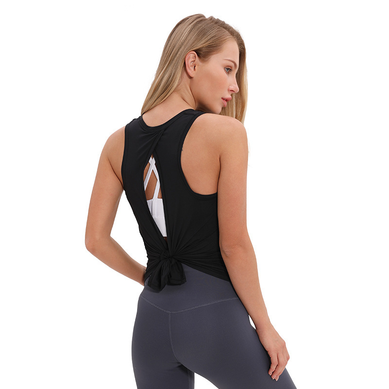 

Sexy Yoga Shirt Open Back Tank Top 2020 Summer Adjustable Knot Workout Tops Casual Loose Yoga Vest Fitness padded sports bra, Black