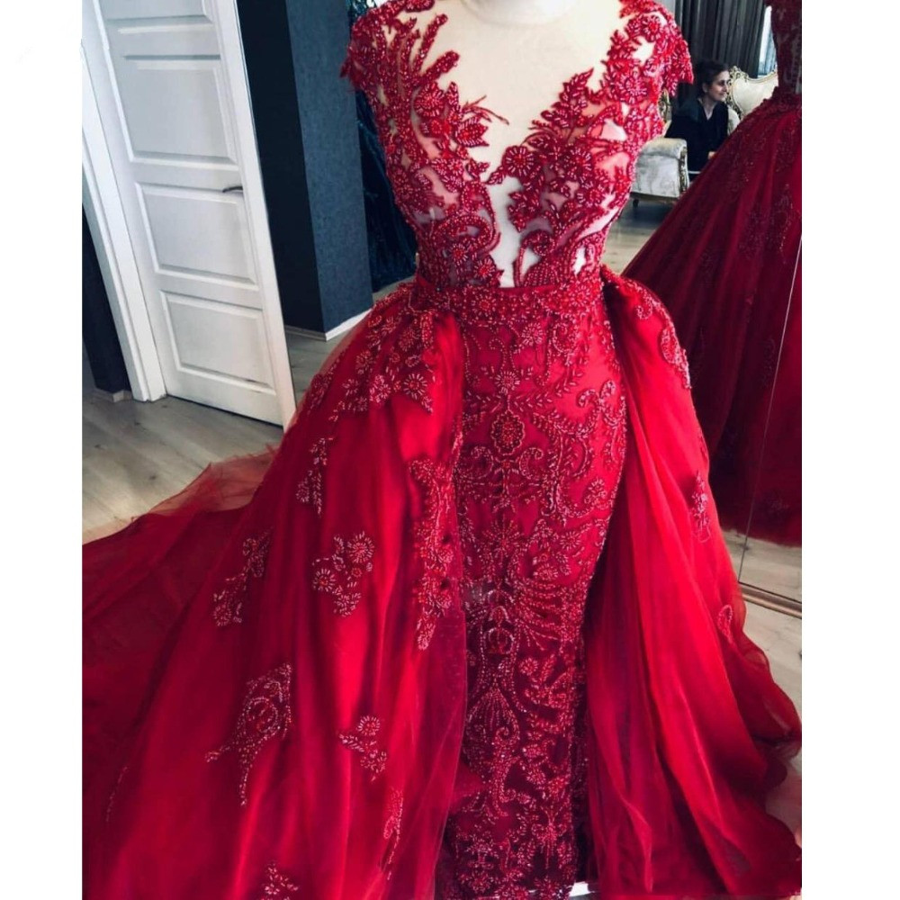 2020 Nouvelle image réelle de luxe en dentelle perlée sirène robes de bal avec train détachable Vintage longues robes de bal robes formelles mode