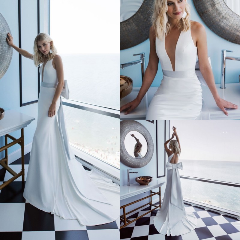 

2020 Elegant Mermaid Wedding Dresses Deep V Neck Bow Hollow Back Satin Wedding Dress Sweep Train Bridal Gowns, Ivory