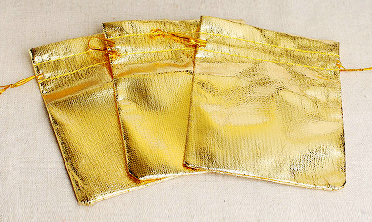 

100Pcs/lot Gold Plated Gauze Satin Jewelry Bags Jewelry Drawstring organza Christmas Gift Pouches PACKING Bag display 7X9cm 9x12cm