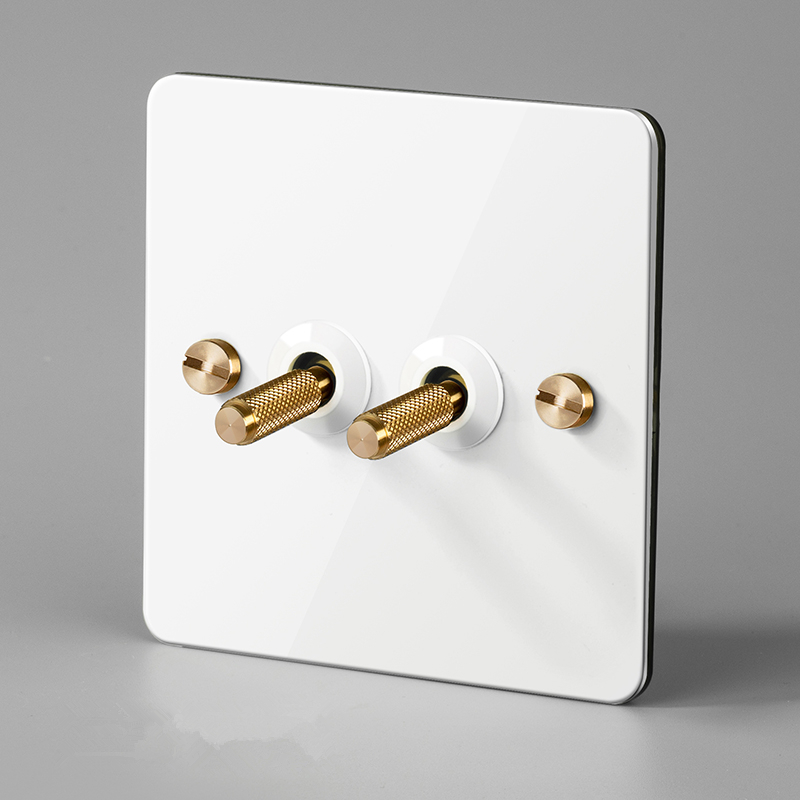 

2 gang 2 way brass toggle Wall Switch and White color Stainless steel panel Light Switch with gold color toggle