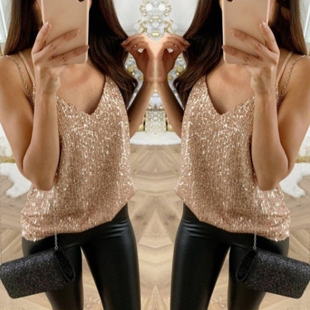 

Women Sexy Tank Top Sequin Vest Shirt Blouse Streetwear Fashion Top Femme Summer Tank Tops Clothing, Blue