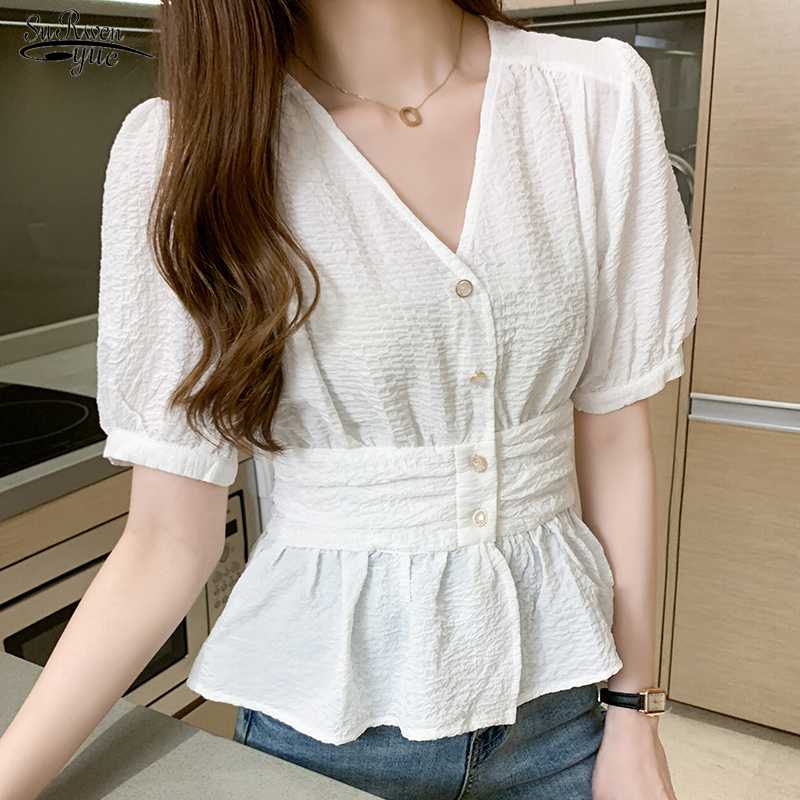 

2020 Summer V-neck Short-Sleeve Shirt Women Office Plus Size White Purple Blouse Women Cardigan Button Ladies Tops Blusas 10047