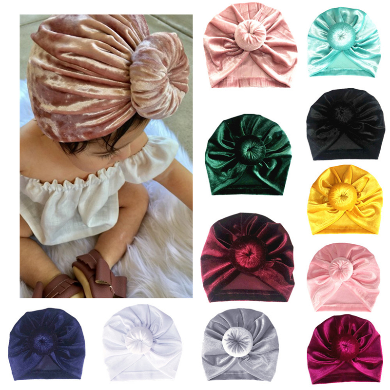 

INS 11Colors Velvet Kid Newborn Baby Girls Hat Baby Indian Twist Knot Bonnet Chemo Turban Cap Beanie Hat Head Scarf Wrap Solid, Slivery;white