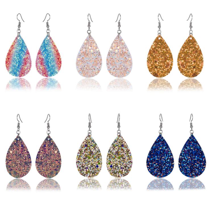 

Trendy Women Earrings Euro-American Punk Wind Double-sided Sequined Water Drop Leather Earrings 12 colors free shipping