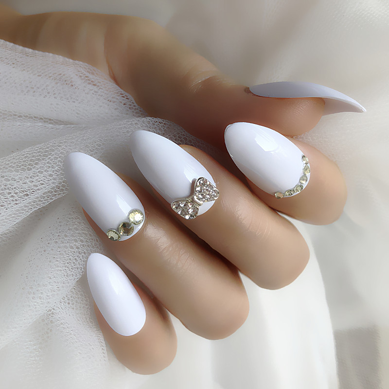 

Rhinestone custom long pointed thin high heel white grape purple fake nail dark green shiny press false nail for 24 pcs, Hsgj25518