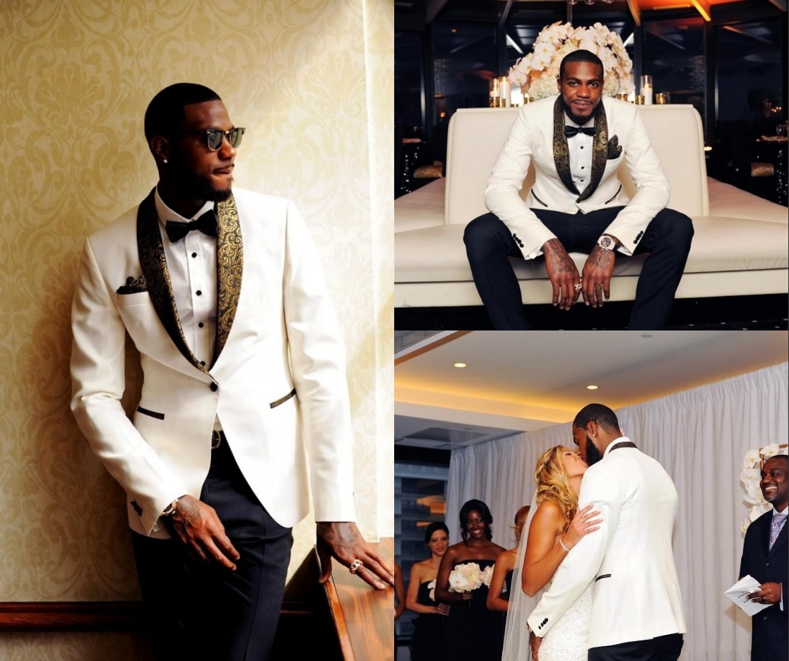 

Handsome Two Pieces White Wedding Tuxedos Slim Fit Gold Pattern Laple Suits For Men One Button Groomsman Suit (Jacket+Pants+Bow Tie) HY6007, Ivory