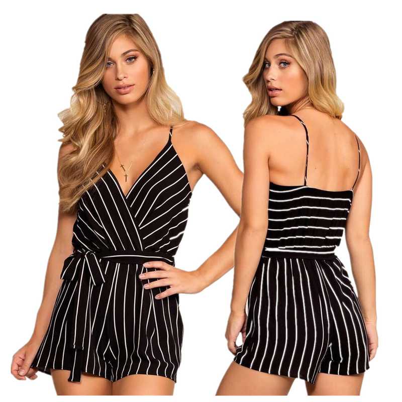 

2020 Summer Sexy Beach Rompers Women Casual Strap Playsuit Deep V Bodysuit Backless Stripe Jumpsuit with Sash Shorts Sleeveless, Black stripe