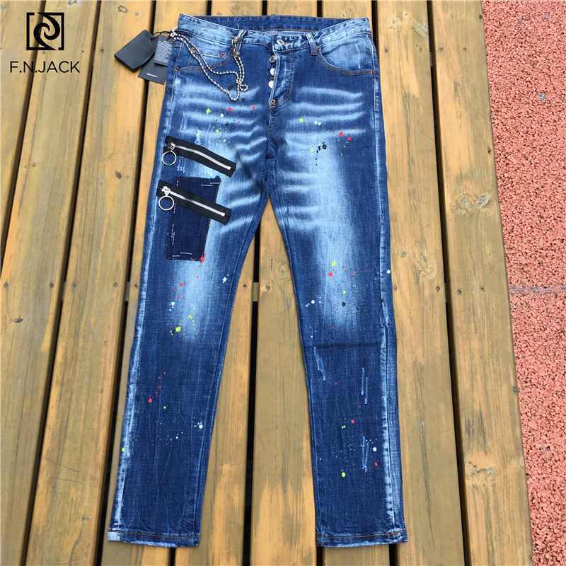 

F.N.JACK Men Casual Jeans Slim Fit Stylish Stretch Ripped Men Denim COOL GUY Zipper Man Pants Long Crotch Skinny Jeans, 001
