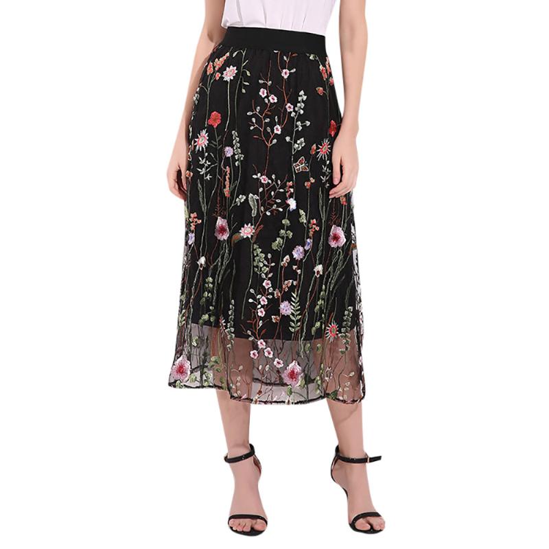 

Women' Girls Skirts Elegent Ladies Mesh Embroidered Flower Mesh Skirt High Waist Long Skirt Faldas Jupe Femmle 2020 Summer, As pic