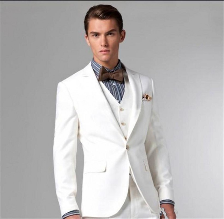 Classic Design White Groom Tuxedos Peak Lapel One Button Groomsmen Mens Wedding Suits Popular Man Blazer Suits(Jacket+Pants+Vest+Tie) 721