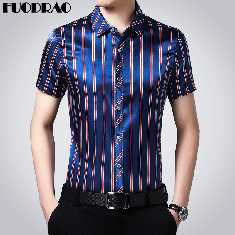 

2020 New Summer Short sleeve Shirt Men Casual Men's Shirt Slim Fit Fashion Striped Dress Camiseta Masculina Clothes E077, Black red