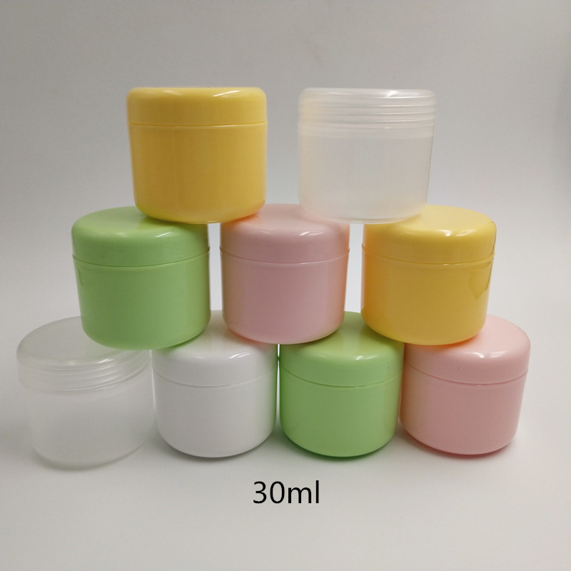 

Free shipping 50pcs/lot 30ml Colorful Cosmetic Sample Jar with screw cap plastic PP Cream Jar colored Threaded Cover