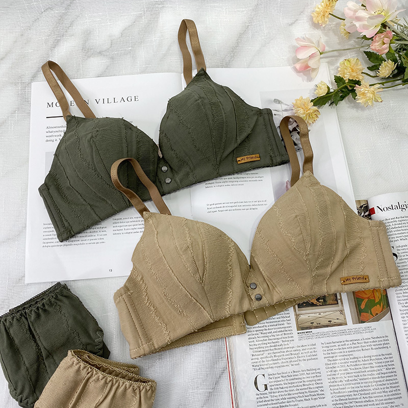 

Wriufred Retro contrast color comfortable bra thin wire free gathered underwear triangle cup bras cotton leisure bralette, Brown