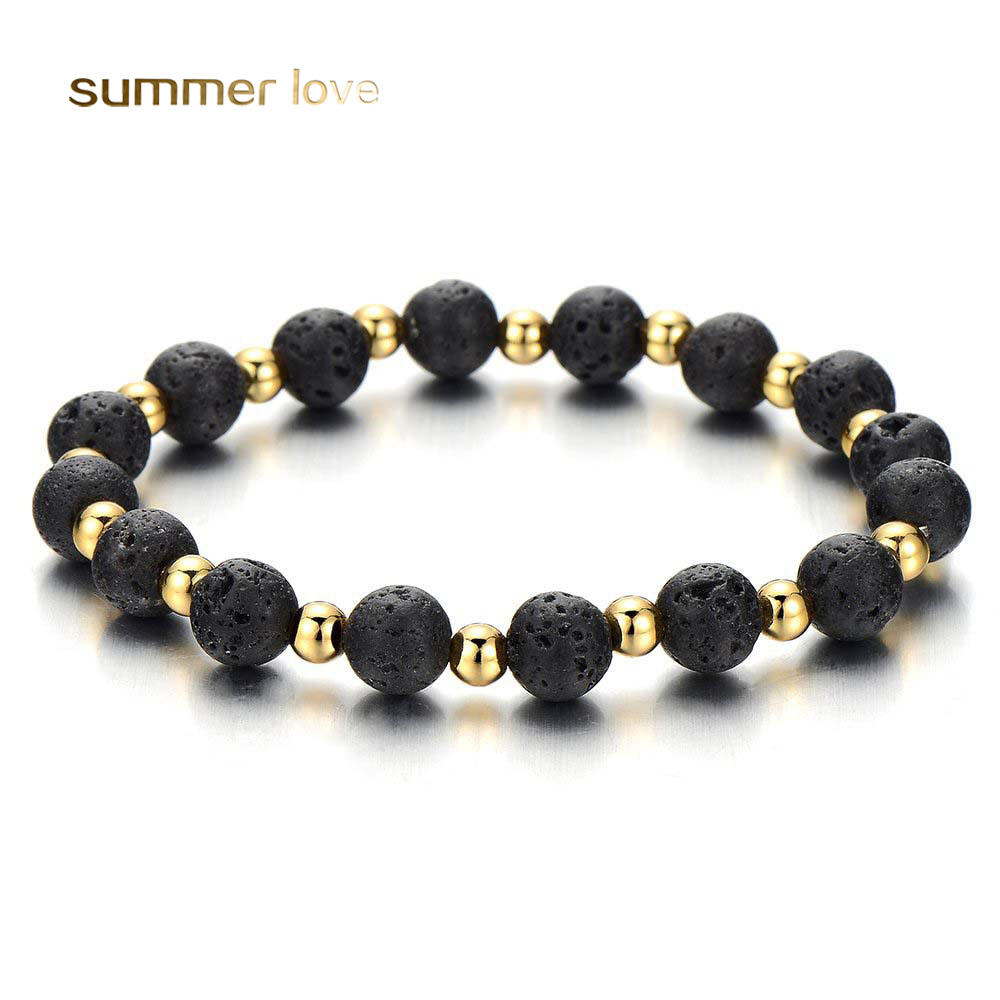 

Fashion 8mm Handmade Beaded Bracelet Men Jewelry Natural Stone Volcanic Rock Agate Gold Bead Vintage Bracelet Gifts New