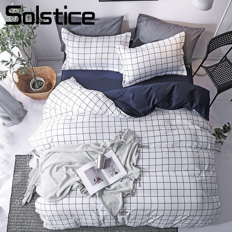 

Solstice Home Textile Simple Nordic Bedding Linen Set For Teen Boy Girls White Blue Plaid Duvet Cover Pillow Case Flat Bed Sheet, 10