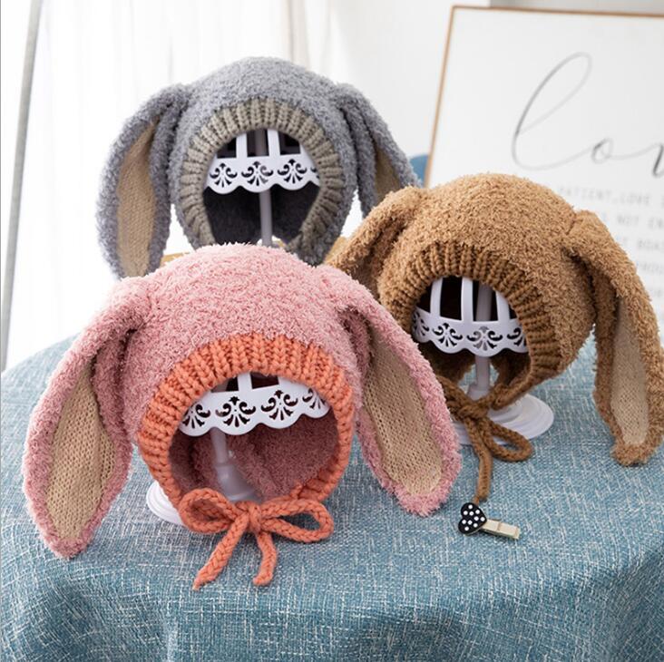 

Autumn Winter Baby Cartoon Bunny Ears Hat Kids Knitted Cap Lace Up Child Warm Beanies Children Hat M215, Mixed color