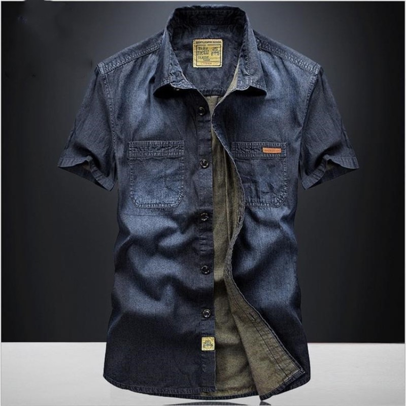 

Nianjeep Casual Shirts Solid High Quality Summer Denim Shirt Men Short Sleeve Casual Shirts Loose Plus Size XXXL 4XL 2018 New, 6517 dark blue