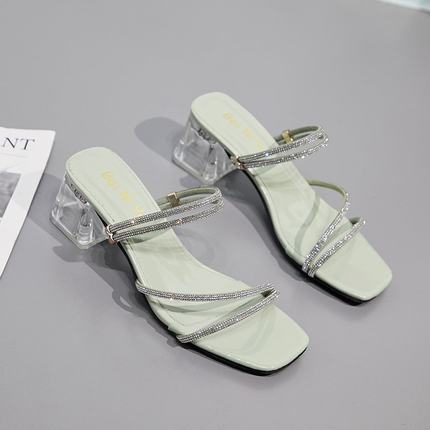 

2020 new models with diamond sandals and slippers women summer wear medium heel thick heel sexy fairy style word buckle women's, Grass-green