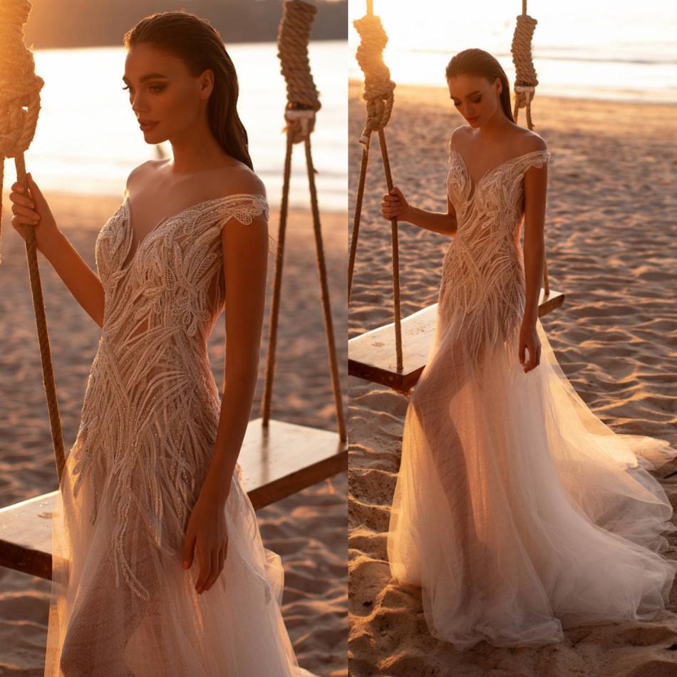 

2019 Summer Lace Mermaid Wedding Dresses Appliqued Beaded V Neck Off The Shoulder Boho Wedding Dress Milla Nova Bohemian Bridal Gowns, Pink