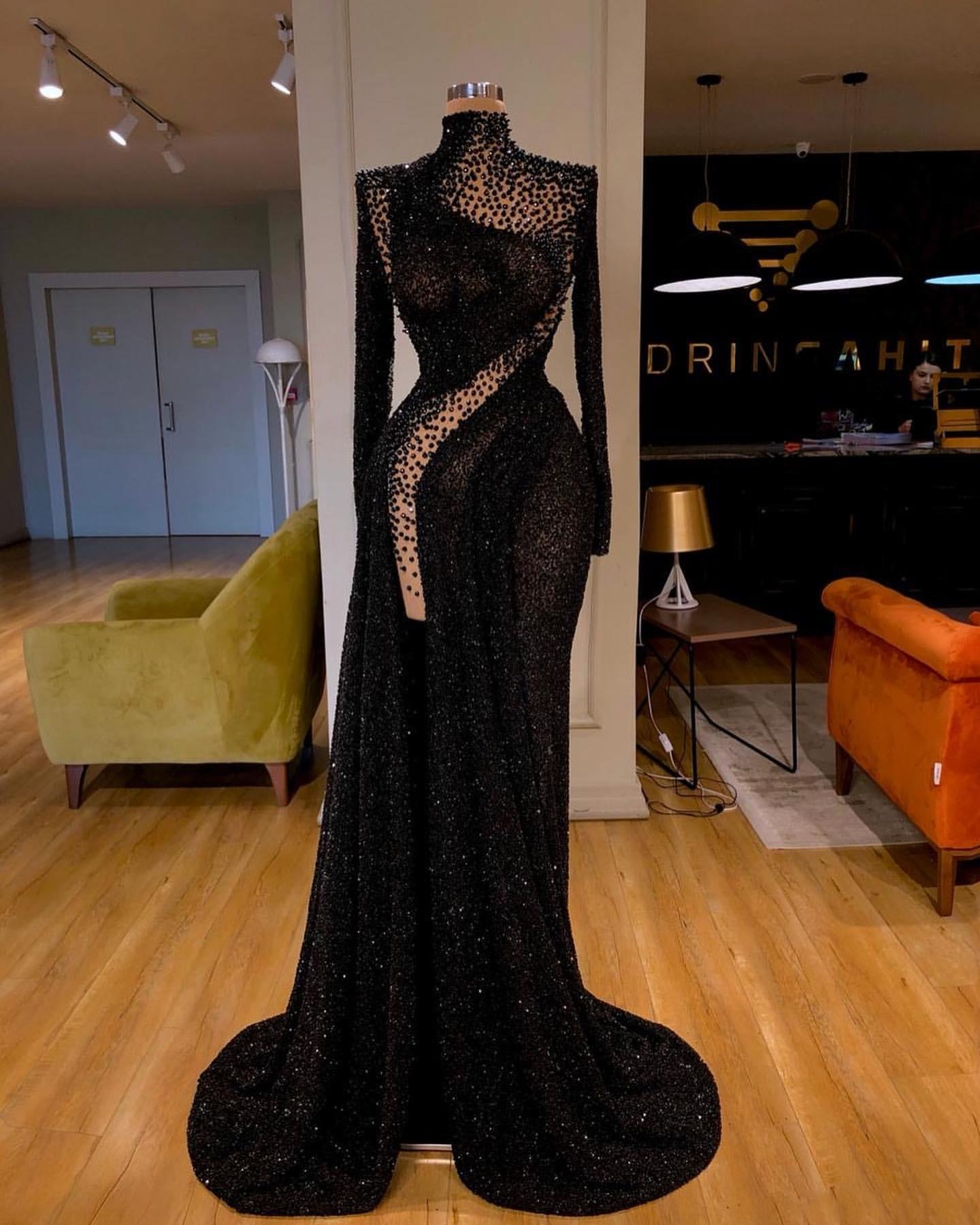 Glitter Sequins Black Evening Dresses High Neck Long Sleeves Arabic Aso Ebi Beads Prom Gowns Mermaid Sweep Train Women Special Occasion Dress Robe d