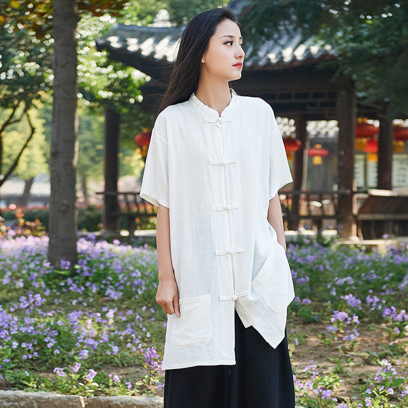 

Johnature Summer Shirts Women Cotton Linen Blouses Short Sleeve Stand 2020 Summer New Button Pockets Solid Color Vintage Shirts, Beige