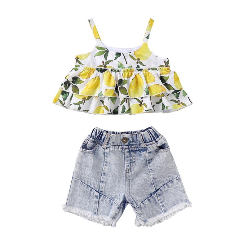 

Baby Girls Summer Clothing Sets Pleated Lemon Top Sleeveless Vest Blue Denim Shorts Pockets Pants Outfits, As pic