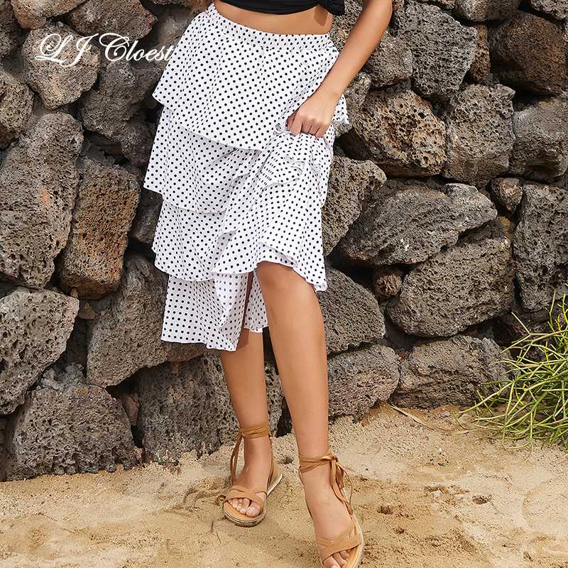 

LJ Cloest Black Dot Pleated Skirt Women Summer Beach Fashion Chiffon Mid Length Thin Loose Elastic Waist Skirt, As pic