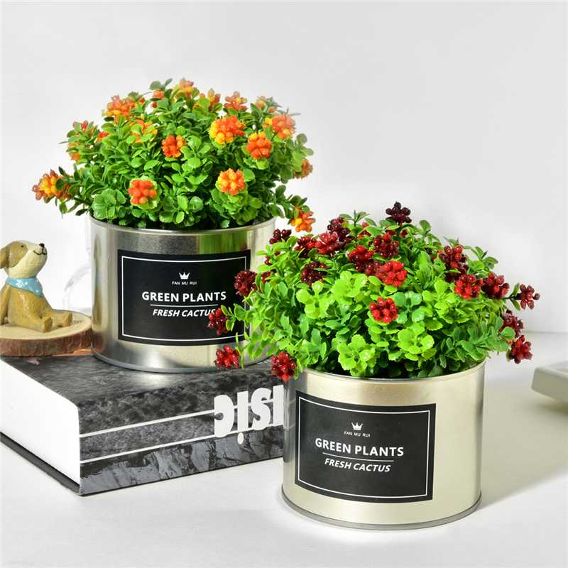 

Fake Flowers Artificial Mulberry Plants + Iron Vase Simulation Mini Bonsai Set for Wedding Home Garden Farmhouse Decoration, Red