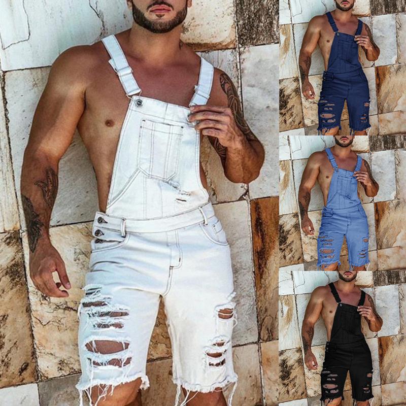 

Summer Men Denim Overalls Hip Hop Ripped Hole Short Jeans Distressed Denim Jumpsuits Slim Fit One Piece Jeans Trouser Streetwear, Dark blue